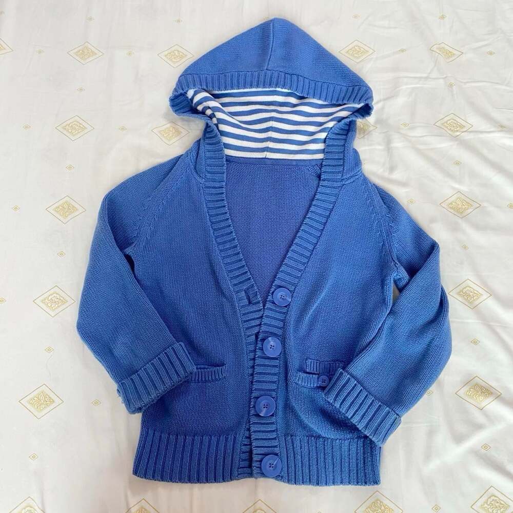 ೃ༄ y2k blue knit button up cardigan with striped hood